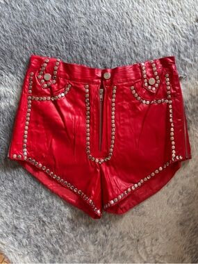 Red Studded Faux Leather Women's Shorts